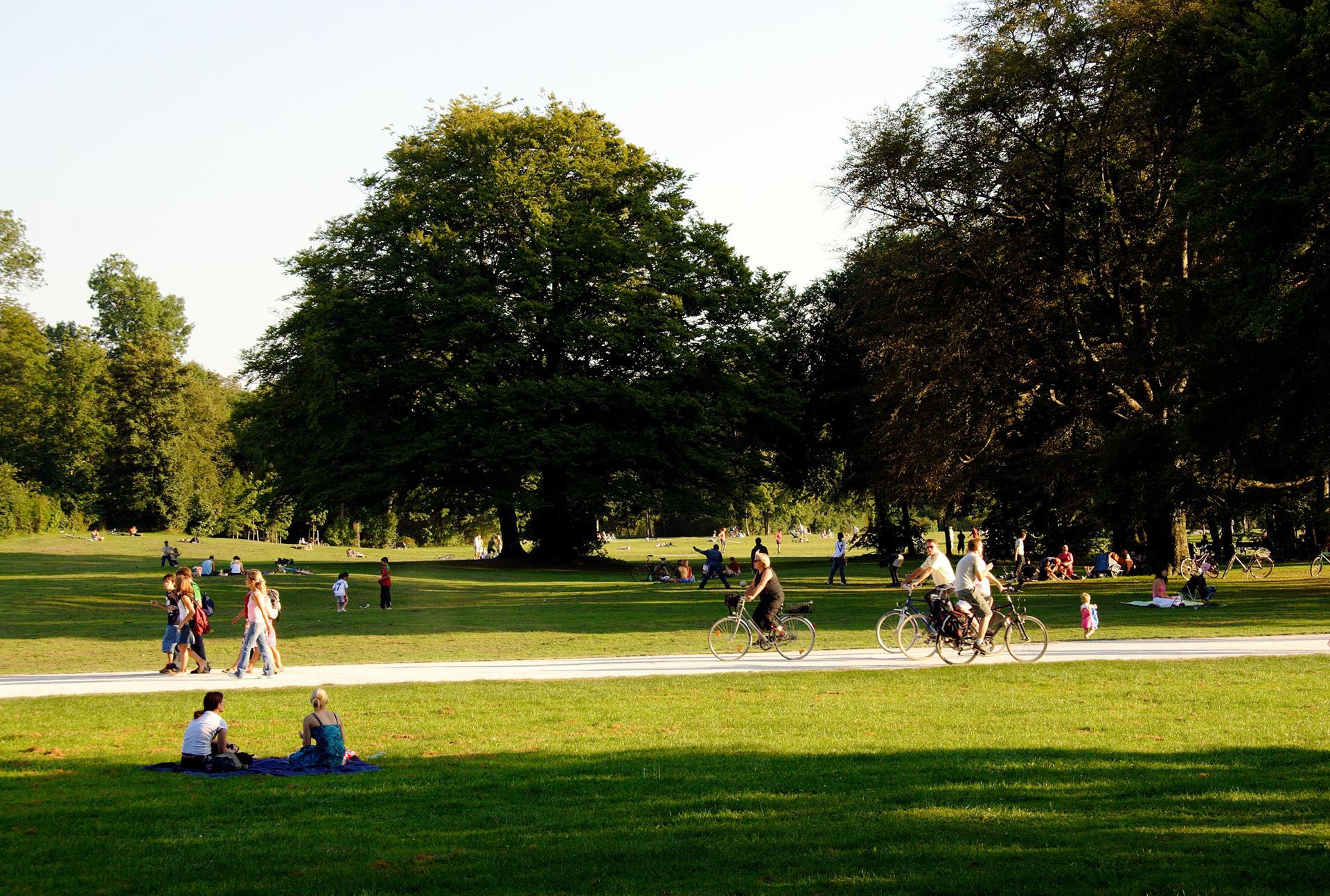People in a park, some are walking down a path, some are sitting in the shade