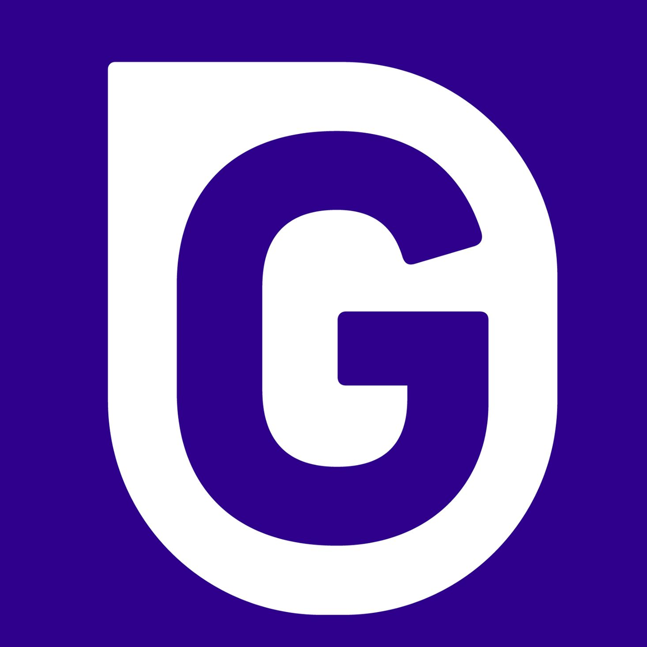 A large capital G in purple on a white background