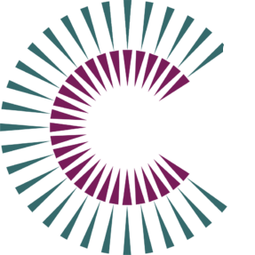 The Crawley Social Prescribing logo, an incomplete circle in the shape of a C made up of turquoise and purple triangles