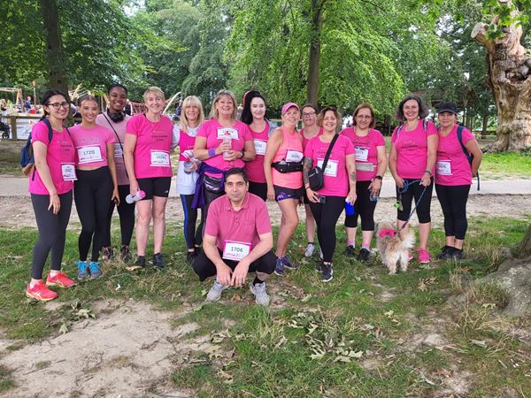Another photo of the Ifield Medical Practice team at Race for Life. They are all wearing pink t-shirts.